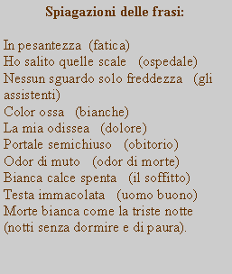 Casella di testo: Spiagazioni delle frasi:

In pesantezza  (fatica)
Ho salito quelle scale   (ospedale)
Nessun sguardo solo freddezza   (gli assistenti)
Color ossa   (bianche)
La mia odissea   (dolore)
Portale semichiuso   (obitorio)
Odor di muto   (odor di morte)
Bianca calce spenta   (il soffitto)
Testa immacolata   (uomo buono)
Morte bianca come la triste notte    (notti senza dormire e di paura).
