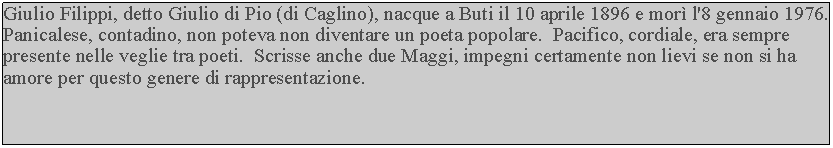 Casella di testo: Giulio Filippi, detto Giulio di Pio (di Caglino), nacque a Buti il 10 aprile 1896 e mor l'8 gennaio 1976.  Panicalese, contadino, non poteva non diventare un poeta popolare.  Pacifico, cordiale, era sempre presente nelle veglie tra poeti.  Scrisse anche due Maggi, impegni certamente non lievi se non si ha amore per questo genere di rappresentazione.