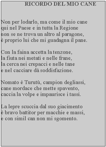Casella di testo: RICORDO DEL MIO CANENon per lodarlo, ma come il mio cane qui nel Paese e in tutta la Regione non se ne trova un altro al paragone,  proprio lui che mi guadagna il pane.Con la faina accetta la tenzone, la fiuta nei metati e nelle frane, la cerca nei crepacci e nelle tane e nel cacciare d soddisfazione.Nomato  Turut, campion degliassi, cane mordace che mette spavento, caccia la volpe e impaurisce i tassi.La lepre scuccia dal suo giacimento  bravo battitor per macchie e massi, e con simil can non mi sgomento.