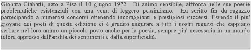 Casella di testo: Gionata Ciabatti, nato a Pisa il 10 giugno 1972.  Di animo sensibile, affronta nelle sue poesie problematiche esistenziali con una vena di leggero pessimismo.  Ha scritto fin da ragazzo partecipando a numerosi concorsi ottenendo incoraggianti e prestigiosi successi. Essendo il piu' giovane dei poeti di questa edizione ci  gradito augurare a tutti i nostri ragazzi che sappiano serbare nel loro animo un piccolo posto anche per la poesia, sempre piu' necessaria in un mondo talora oppresso dall'aridit dei sentimenti e dalla superficialt.