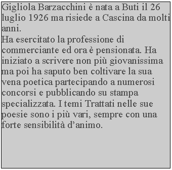 Casella di testo: Gigliola Barzacchini  nata a Buti il 26 luglio 1926 ma risiede a Cascina da molti anni.Ha esercitato la professione di commerciante ed ora  pensionata. Ha iniziato a scrivere non pi giovanissima ma poi ha saputo ben coltivare la sua vena poetica partecipando a numerosi concorsi e pubblicando su stampa specializzata. I temi Trattati nelle sue poesie sono i pi vari, sempre con una forte sensibilit danimo.