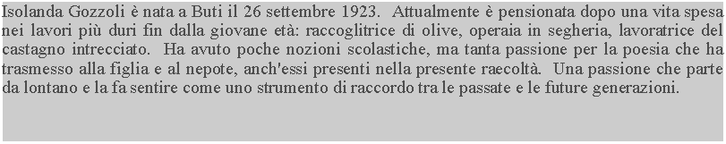 Casella di testo: Isolanda Gozzoli  nata a Buti il 26 settembre 1923.  Attualmente  pensionata dopo una vita spesa nei lavori pi duri fin dalla giovane et: raccoglitrice di olive, operaia in segheria, lavoratrice del castagno intrecciato.  Ha avuto poche nozioni scolastiche, ma tanta passione per la poesia che ha trasmesso alla figlia e al nepote, anch'essi presenti nella presente raecolt.  Una passione che parte da lontano e la fa sentire come uno strumento di raccordo tra le passate e le future generazioni.