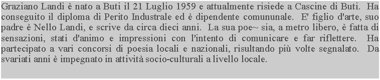 Casella di testo: Graziano Landi  nato a Buti il 21 Luglio 1959 e attualmente risiede a Cascine di Buti.  Ha conseguito il diploma di Perito Industrale ed  dipendente comununale.  E' figlio d'arte, suo padre  Nello Landi, e scrive da circa dieci anni.  La sua poe~ sia, a metro libero,  fatta di sensazioni, stati d'animo e impressioni con l'intento di comunicare e far riflettere.  Ha partecipato a vari concorsi di poesia locali e nazionali, risultando pi volte segnalato.  Da svariati anni  impegnato in attivit socio-culturali a livello locale.