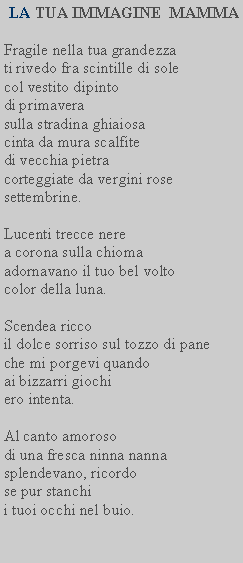 Casella di testo:  LA TUA IMMAGINE  MAMMA

Fragile nella tua grandezza
ti rivedo fra scintille di sole 
col vestito dipinto
di primavera
sulla stradina ghiaiosa 
cinta da mura scalfite 
di vecchia pietra 
corteggiate da vergini rose 
settembrine.

Lucenti trecce nere 
a corona sulla chioma 
adornavano il tuo bel volto 
color della luna.

Scendea ricco
il dolce sorriso sul tozzo di pane 
che mi porgevi quando
ai bizzarri giochi 
ero intenta.

Al canto amoroso
di una fresca ninna nanna 
splendevano, ricordo
se pur stanchi
i tuoi occhi nel buio.

